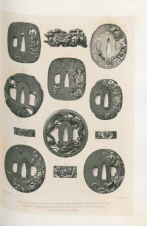 Applique figurant les sept sages du Bamboub gardes de sabre en fer, argent shakoudo et shibouitshi incrustés ... (Collection de M. Louis Gonse)