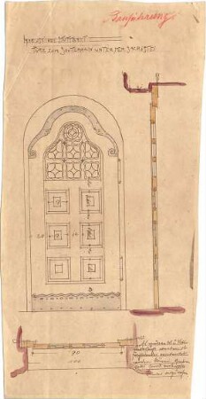 Dolmetsch, Heinrich; Stuttgart; Markuskirche - Tür zum Souterrain unter der Sakristei (Grundriss, Ansicht, Schnitt)