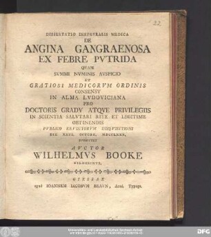 Dissertatio Inavgvralis Medica De Angina Gangraenosa Ex Febre Pvtrida