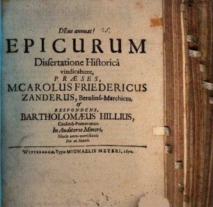 Epicurum dissertatione historica vindicabunt