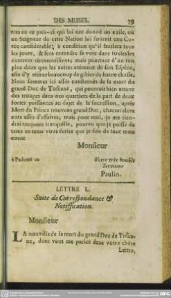 Lettre L. Suite de Correspondance & Notiffication