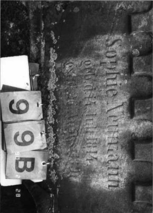 Grabstein 99 (Index: 100114813) Material: Sandstein Zustand: leicht verwittert Maße HxBxT: 214x67x29 cm Beschreibung: Ädikula, Spitzgiebel mit Akroter: Grabstein 99B