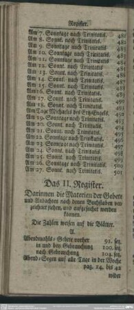 Das II. Register. Darinnen die Materien der Gebete und Andachten nach denen Buchstaben verzeichnet stehen, und aufgesuchet werden können