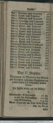 Das II. Register. Darinnen die Materien der Gebete und Andachten nach denen Buchstaben verzeichnet stehen, und aufgesuchet werden können
