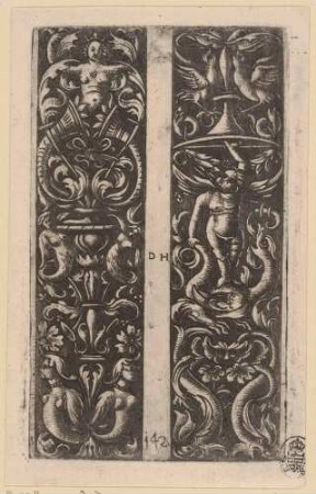 Zwei ornamentale Tafeln (Sirenen und Genius)