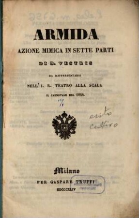Armida : azione mimica in sette parti ; da rappresentarsi nell'I. R. Teatro alla Scala il carnovale del 1844