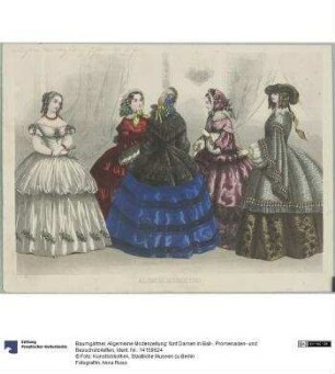 Allgemeine Modenzeitung: fünf Damen in Ball-, Promenaden- und Besuchstoiletten