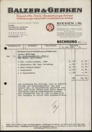 Firmenbriefkopf Balzer & Gerken, Baustoffe, Holz, Bedachungs - Artikel, Plattierungs - Geschäft, Installations - Artikel