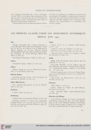Les édifices classés parmi les monuments historiques depuis Juin 1940