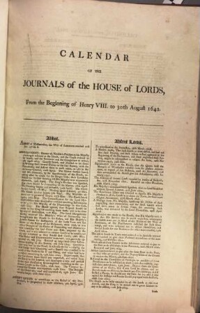 Journals of the House of Lords. Calendar of the Journals of the House of Lords. 1509/1642