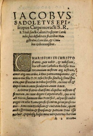 Iacobi Sadoleti Romani Cardinalis Epistola ad Senatum populumq[ue] Geneuensem, qua in obedientiam Romani Pontificis eos reducere conatur