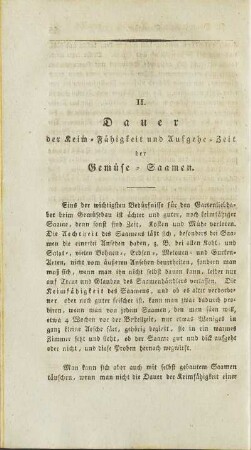 II. Dauer der Keim-Fähigkeit und Aufgehe-Zeit der Gemüse-Saamen.