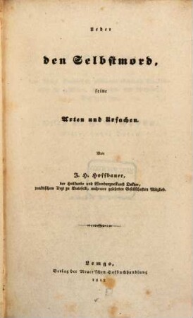 Ueber den Selbstmord, seine Arten und Ursachen