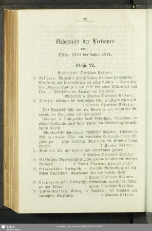 Uebersicht der Lectionen von Ostern 1870 bis dahin 1871