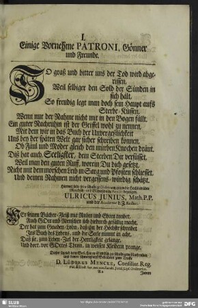 I. Einige Vornehme Patroni, Gönner und Freunde