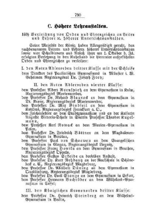 Verleihung von Orden und Ehrenzeichen an Leiter und Lehrer etc. höherer Unterrichtsanstalten : [C. Höhere Lehranstalten]
