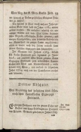 Dritter Abschnitt. Von Regierung des besondern tirol-österreichischen Landsfürsten Erzherzogs Ferdinand.