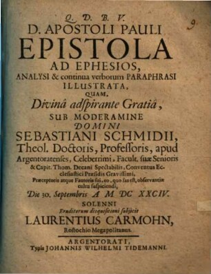 D. Apostoli Pauli Epistola Ad Ephesios, Analysi & continua verborum Paraphrasi Illustrata