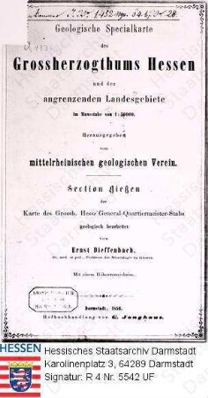 Dieffenbach, Ernst, Prof. Dr. med. (1811-1855) / Titelblatt der 'Geologische Specialkarte des Grossherzogthums Hessen und der angrenzenden Landesgebiete', bearb. von Ernst Dieffenbach