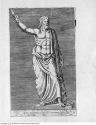 Antiquarum statuarum urbis Romae, quae in publicis privatisque locis visuntur, icones. Romae. Ex typis Laurentii Vaccarii... MDLXXXIIII., Tafel [12]: Jovis in Capitolij fastigio statis marmorea statua (nach der Antike)