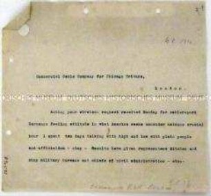 Abschrift eines Telegrammes des Auslandskorrespondenten James O'Donnell Bennett an den Journalisten Leo Winz während des Ersten Weltkrieges - Personenkonvolut (englisch)