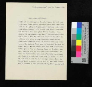 Schreiben an die Kaiserliche Hoheit von v. Karpf von der S.M.S. "Regensburg"