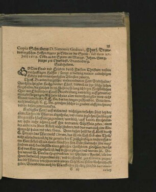Copia Schreibens D. Simonis Gedicci, Churf. Brandenburgischen Hoffpredigers zu Cölln an der Sprew/ sub dato 27. Julii 1613.