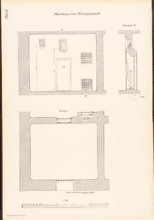Anordnung einer Beruhigungszelle: Grundriss, Innenansicht, Schnitt 1:20 (aus: Musterzeichnungen f. d. Ausbau v. Gefängnissen in Preußen, bearb.im Ministerium d. öffentl. Arbeit, 1912)