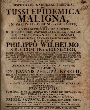 Disputatio Inauguralis Medica De Tussi Epidemica Maligna : In Variis Locis Nunc Grassante