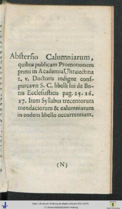Abstersio Calumniarum, ...