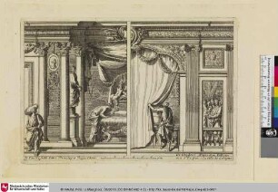 [Zwei-geteilter Entwurf für ein Alkoven, links richtet eine Dienerin das Bett, rechts lüftet ein Diener den Vorhang; Projet alternatif: Dans la partie droite, un serviteur soulève le rideau de l'alcôves]