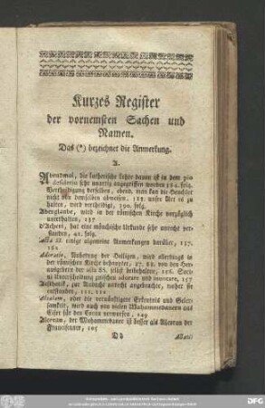 Kurzes Register der vornemsten Sachen und Namen.