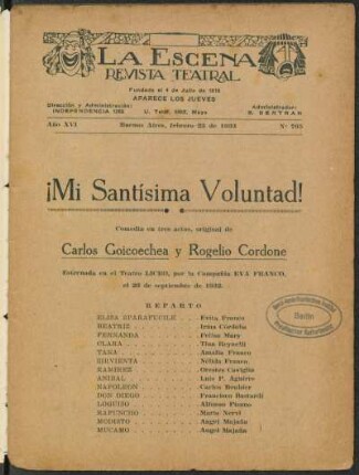 ¡Mi santísima voluntad! : comedia en tres actos