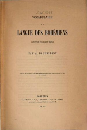 Vocabulaire de la langue des Bohémiens habitant les pays basques français