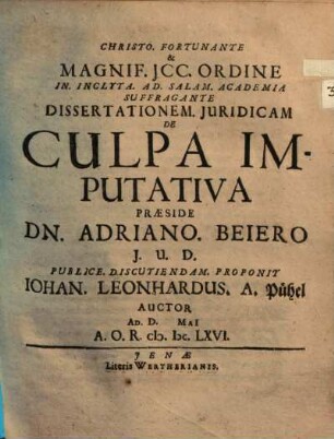 Dissertationem Juridicam De Culpa Imputativa