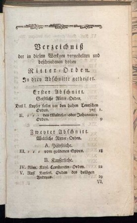Verzeichniß der in diesem Werkgen vorgestellten und beschriebenen hohen Ritter-Orden.