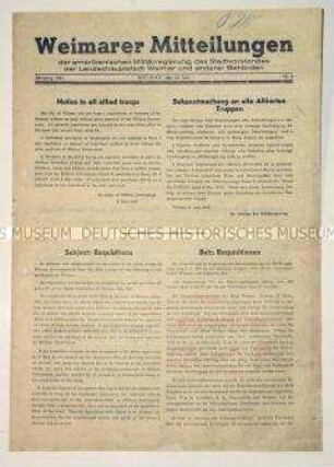 Mitteilungsbaltt der amerikanischen Militärregierung von Weimar u.a. über Requisitionen (deutsch und englisch)