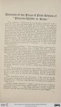 Opinions of the Press of first Edition of "Pilgrim-Walks in Rome"