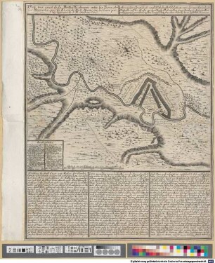 Accurater Grundriss und Wahrhaffte Relation von der merckwürdigen Battaille, welche Ao. 1711 an dem Bruth-Fluss zwischen denen Türcken und Moscowittern vorbeÿ gegangen : = Plan tres exact de la Battaille, donnée entre les Turcs, et les Moscovites, pres la Riviere de Prut