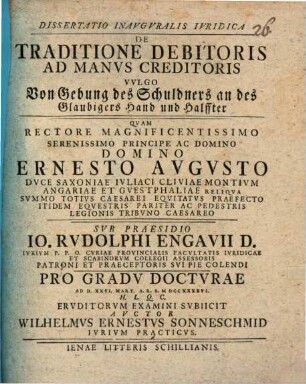 Dissertatio Inavgvralis Ivridica De Traditione Debitoris Ad Manvs Creditoris Vvlgo Von Gebung des Schuldners an des Glaubigers Hand und Halffter