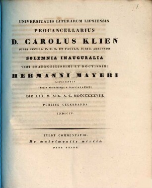 Commentatio de matrimoniis mixtis : Pars prior