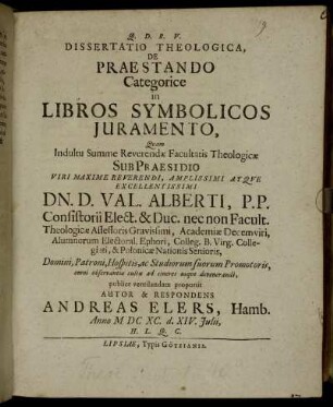 Dissertatio Theologica, De Praestando Categorice in Libros Symbolicos Iuramento