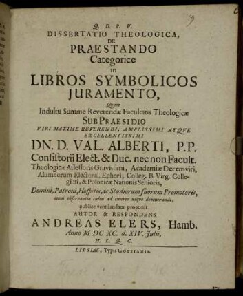 Dissertatio Theologica, De Praestando Categorice in Libros Symbolicos Iuramento