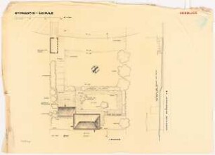 Gymnastikschule am See Monatskonkurrenz Dezember 1932: Lageplan und Gartenplan, Geländelängsschnitt 1:200; Maßstabsleiste