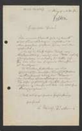 Brief von Wilhelm Velten an Unbekannt