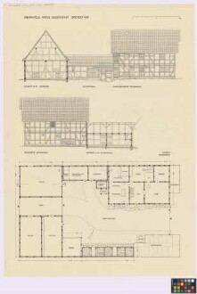 Obernfeld (Kreis Duderstadt): Dreiseithof. - Scheune
                                 (Querschnitt A-B, Grundriss). - Schaftstall (Seiten-Ansicht,
                                 Grundriss). - Wohnhaus (Seiten-Ansicht, Grundriss). - Kuhstall
                                 (Grundriss). - Remise (Grundriss). - Schweinestall (Grundriss). -
                                 Schweinekoben (Grundriss). - Abort (Grundriss). -
                                 Brunnen