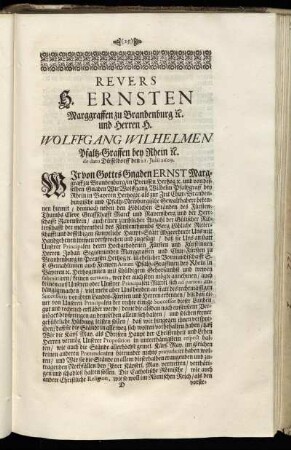 Revers H. Ernsten Marggraffen zu Brandenburg [et]c. und Herren H. Wolffgang Wilhelmen Pfaltz-Graffen bey Rhein [et]c.