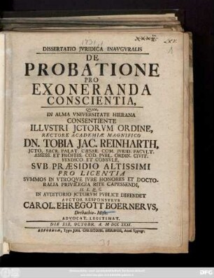 Dissertatio Jvridica Inavgvralis De Probatione Pro Exoneranda Conscientia