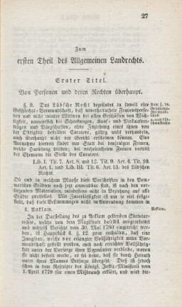 Zum ersten Theil des Allgemeinen Landrechts.
