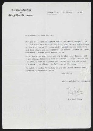 Brief von Karl Böhm von Sächsische Staatsoper  an Gerhart Hauptmann